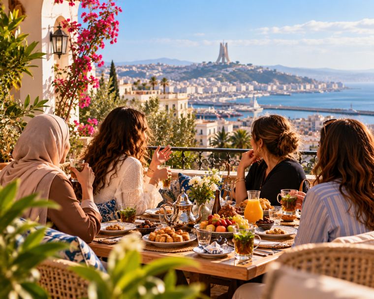 Des femmes partagent un thé sur une terrasse face à la baie d'Alger