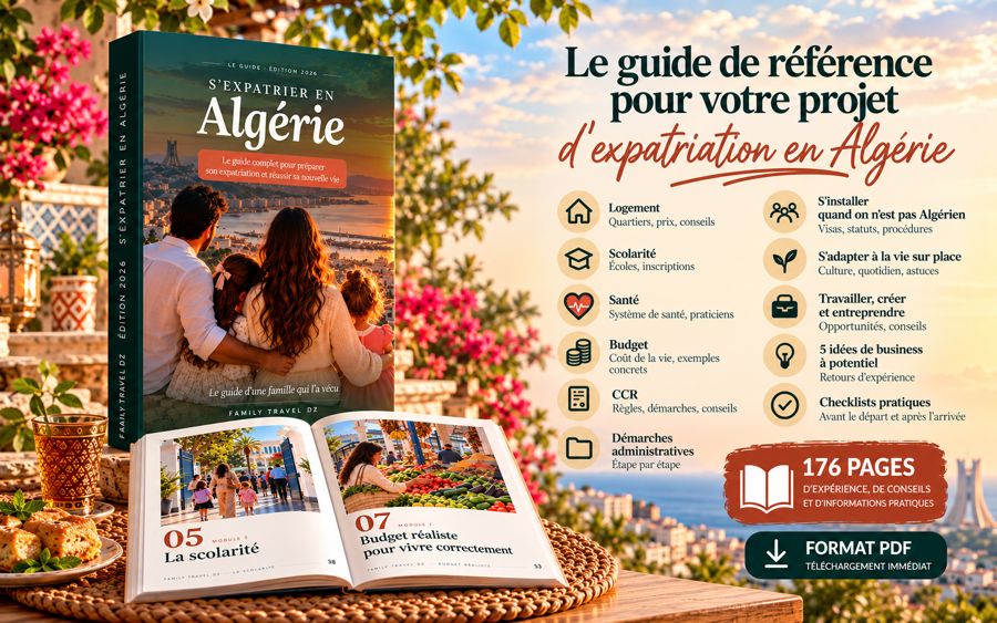 Le guide S'expatrier en Algérie : couverture, pages intérieures et thèmes abordés